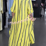 Ruan Linen Blend Stripe Print Long Sleeve Midi Shirt and Elastic Waist Pocketed Loose Pants Set