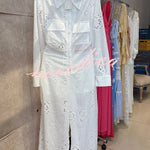 Vivi Embroidered Lace Cutout Long Sleeve Pocket Elastic Waist Loose Shirt Jumpsuit