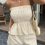 Striped Printed Sleeveless Off-shoulder Ruched Top and Elastic Waist Casual Pocket Shorts Set