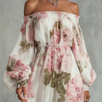Floral Print Off-Shoulder Long-Sleeve Elastic Waist-Defining Maxi Dress