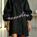 Rima Linen Blend Flowers Button Down Floral Cuffs Half Sleeve Mini Dress