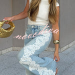 Elegant Street Style Denim Crochet Lace Trim High Rise Pocket Wide Leg Jeans