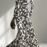 Black and White Color-blocked Printed Long-sleeved Pocket Slim-fit Pleated Maxi Dress