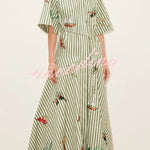 Linen Blend Striped Print Collared Short-sleeved Fitted Waist Belted Casual Maxi Dress
