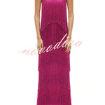 Party Queen Layered Tassel Design Off Shoulder Back Tie-up Maxi Dress