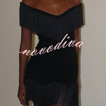 Solid Color V-neck Off-shoulder Slim-fit Tassel Mini Dress