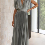 Elegant Satin Pleated V-neck Flowing Midi Dress