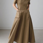 Simple Casual Solid Color Pleated Midi Dress