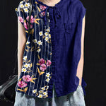 Organic Blackish Green Patchwork Ruffled Top Short Sleeve