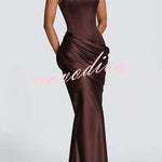 Ella Satin Detachable Asymmetric Off Shoulder Drape Panel Back Lace-up Maxi Dress