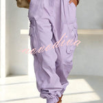 Street Style Solid Color High Waist Pocketed Loose Fit Cargo Pants