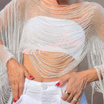 Sparkling Rhinestone Embellished Drape Tassel Batwing Sleeve Loose Crop Cover-up