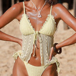 Solid Color Lace Backless Tie Two-piece Stretch Bikini Swimsuit