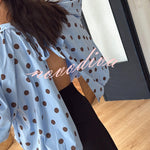 Issie Polka Dot Print Turtleneck Knotted Balloon Sleeve Back Slit Loose Blouse