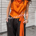L'Aura Padded-Shoulder Wrap-Around Satin Top