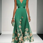 Light Blue Floral Chiffon V Neck Sleeveless A-Line Maxi Dress