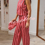 City Outfit Colorful Stripes Button Up Vest and Elastic Waist Pocket Loose Pants Set
