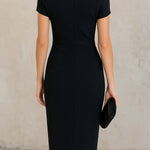 Solid Color Short-sleeved Fitted Waist Pleated Elegant Midi Dress