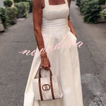 Viki Linen Blend Square Neck Wide Strap Side Button Pocket Tassel Trim Midi Dress