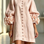 Rima Linen Blend Flowers Button Down Floral Cuffs Half Sleeve Mini Dress