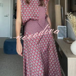 Dalena Satin Art Print High Tie-up Neck Short Sleeve Top and High Rise Maxi Skirt Set