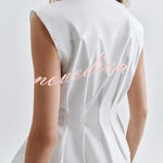 Devon Lapel Button Up Sleeveless Pleated Waist Flare Hem Shirt