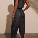 Stylish Collared Sleeveless Elastic Waist Tie Casual Pocket Denim Jumpsuit