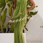 Touch of Drama Mesh Butterfly Metal Clips One Shoulder Backless Maxi Dress