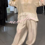 Lucy Knit Cutout Layered Design Half Sleeve Top and Satin Elastic Waist Pocketed Lantern Pants Set