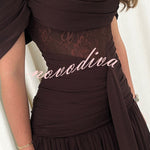 Maguire Chiffon Ruched Floral Lace Patchwork Off Shoulder Drape Gown Maxi Dress
