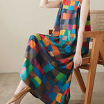 Loose Sleeveless Contrast Color Multi-Colored Plaid Round-Neck Midi Dresses