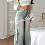 Fashionable Denim Mid Rise Side Ribbon Lace-up Pocket Wide Leg Jeans