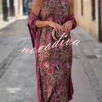 Riviera Unique Print Slit Tank Midi Dress and Satin Kimono Cover-up Two Pieces Set