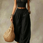 Olive Gypsy  pleated crop top and high-waisted wide-leg pants set