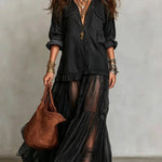 Blue Faux Denim Shirt Collar With Sheer Pockets Maxi Dress