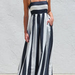 Color-blocked Striped Print Square Neck Suspender Casual Pocket Maxi Dress