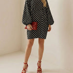 Loose Puff Sleeves Pleated Polka-Dot Split-Joint High Neck Mini Dresses Shirt Dress