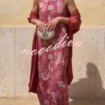 Riviera Unique Print Slit Tank Midi Dress and Satin Kimono Cover-up Two Pieces Set