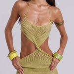 Fashionable Openwork Knit Halter Neck Tie Slim Fit Cover-up Mini Dress