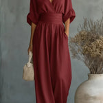 Solid Color V-neck Fitted Waist Pocket Casual Wide-leg Jumpsuit