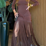 Kyra Shoulder Pads Long Sleeve Twist Design Tassel Hem Stretch Maxi Dress