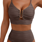 Solid Color V-neck Hollowed-out Pleated High Waist Stretch Two-Piece Bikini Swimsuit