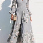 Floral Print V-neck Long-sleeved Fitted Waist Casual Maxi Dress