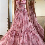 Danah Tulle Floral Print Corset Sweetheart Neck A-line Gown Maxi Dress