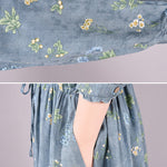Vintage Floral Printed Ramie Cotton Loose Midi Dress