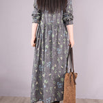 Vintage Floral Printed Ramie Cotton Loose Midi Dress