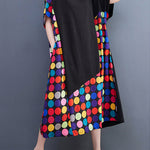 Loose Short Sleeves Multi-Colored Polka-Dot Split-Joint Round-Neck Midi Dresses