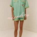 Linen Blend Loose-fitting Short-sleeved Button-down Shirt and Casual Pocket Shorts Set