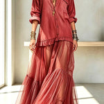 Retro-style Faux Denim Long Sleeve Pocket Tulle Hem Shirt Maxi Dress