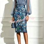 Analie Chiffon High Neck Lantern Sleeve Floral Sequined Hem Sheath Midi Dress